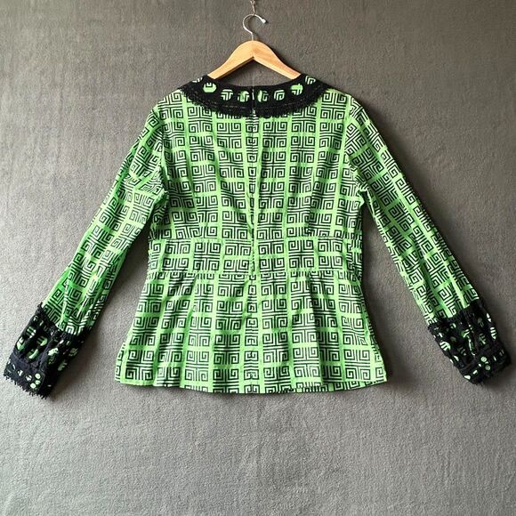 Tory Burch Geometric Tunic Green Black Lace Trim Back Zip - Women's Size 14 - Picture 4 of 13
